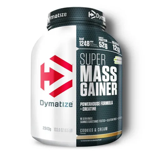 Dymatize Super Mass Gainer Cookies & Cream 2943g - Gewichtszunahme leicht gemacht - Verzweigtkettige Aminosäuren (BCAA) und perfekte Nährstoffkombination für Bodybuilder und Hardgainer, mit 243g Kohlenhydraten und 52g Protein pro Portion für optimale Ergebnisse.