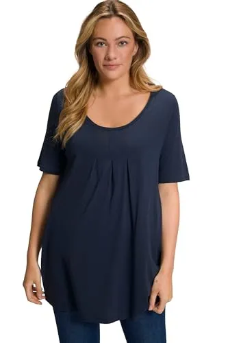 Ulla Popken Damen große Größen Übergrößen Plus Size T-Shirt, Zierfalten, A-Linie, Rundhals, Halbarm, Modal Marine 54+ 796473130-54+