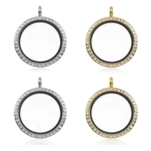 WANDIC Strass-Foto-Charms, 4 Stück, runde Erinnerungsmedaillon-Anhänger, Brautschmuck, Hochzeitsstrauß, Foto-DIY-Halskette, Schmuck (2 Silber + 2 Gold)