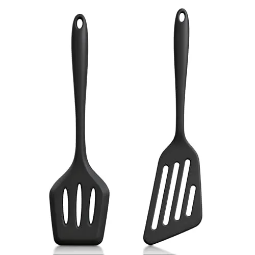 Lahnaokfis 2 Stück Pfannenwender Silikon, Spatula aus Lebensmittelechtem, Bratenwender, Geschlitzt, Antihaftbeschichtet, Hitzebeständig, Ideales Kochgeschirr für Fisch, Eier, Pfannkuchen, Schwarz