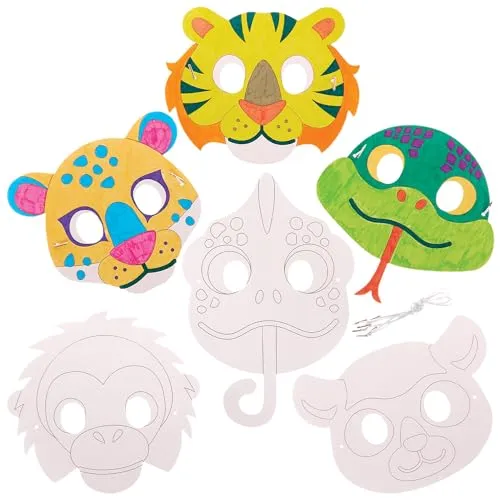 Baker Ross FX556 Regenwald-Tiermasken zum Ausmalen - 10er-Packung, Party-Masken für Kinder zum Basteln