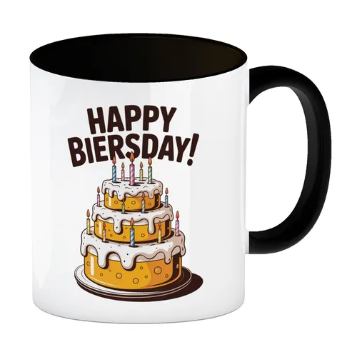Bierkuchen Happy Biersday Kaffeebecher in schwarz für Biertrinker zum Geburtstag