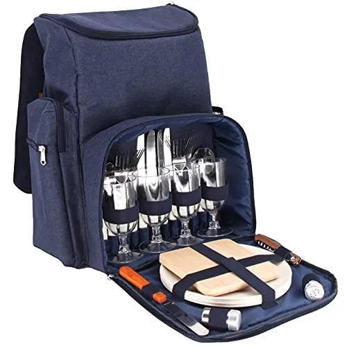 Les Jardins de la Comtesse Picknick-Rucksack, für 4 Personen, Blau, komplett mit Thermofach, robust und leicht, viele Taschen, 29 x 15 x 44 cm