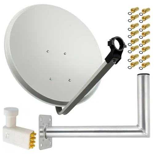 PremiumX Satelliten-Komplettanlage 80cm - Hellgrau Stahl mit Octo LNB - SAT-Antenne 80 cm mit pulverbeschichtetem Antennenarm und verzinktem Rückenteil. Ideal für 8 Teilnehmer, unterstützt 4K Ultra HD und bietet optimalen Empfang beliebiger Satelliten.
