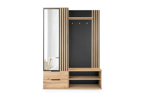 Deine Möbel 24 Garderobe LEONI mit Spiegel & Schubladen in Schwarz Eiche Wotan - Moderne Flurgarderobe LEONI mit praktischem Spiegel und Schubladen. Stilvolles Design mit Lamellen und viel Stauraum für Jacken, Schuhe und Accessoires – ideal für einen einladenden Eingangsbereich.