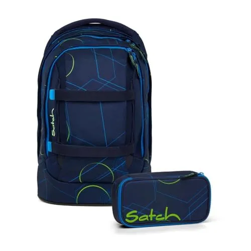 satch pack Schulrucksack Set 2tlg. inkl. Schlamperbox (Blue Tech) - Schulranzen mit innovativem 3D Soft-Mesh Rückensystem für optimalen Tragekomfort und Stabilität. Inklusive Schlamperbox für Ordnung und viel Platz für Schulutensilien.