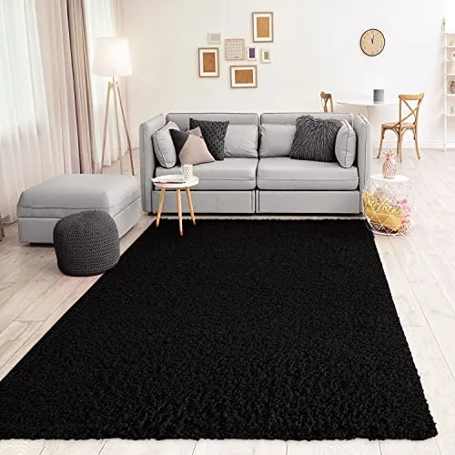 VIMODA Prime Shaggy Teppich Schwarz - Modernes Hochflor-Teppich in 150 cm Quadrat, pflegeleicht und antiallergen, ideal für Allergiker und Wohnräume.