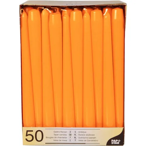 Papstar Leuchterkerzen 10393, orange, Ø 2,2 cm, Höhe 25 cm, 50 Stück - Kerzen für Gastronomie und Dekoration, 50 Stück aus Paraffin mit ca. 7 Stunden Brenndauer, ideal für Ganzjahresanlässe und kreative Tischdeko.