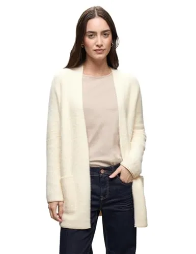 Street One Damen Langer Federgarn Cardigan, Soft Beige - Elegante Strickjacke für Damen mit offenen Schnitt und langen Ärmeln, ideal für jeden Anlass. Mit aufgesetzten Taschen und bequemer Passform.