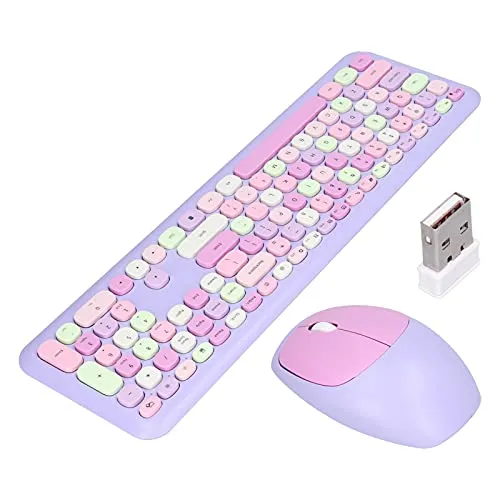 ciciglow Tastatur-Maus-Combo, 110 Tasten Multi Color Mute Cover Wireless Keyboard und Mouse Set 2.4G Wireless 1200 DPI Keyboard Set für Home Office(lila Mischfarbe)