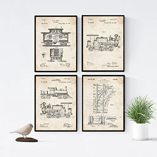 Nacnic 4 poster mit eisenbahn patenten | posterset mit erfindungen und alten werkzeugen | bilder von eisenbahnen, lokomotive, zugmaschine und zugsignal | größe a4.