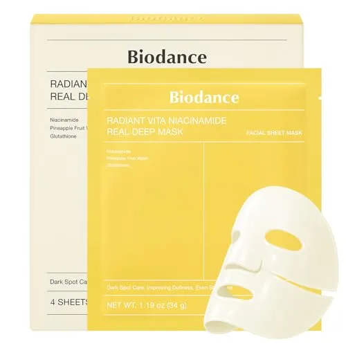 BIODANCE Radiant Vita Niacinamide Real Deep Mask, Overnight Hydrogel Maske, Hauttonkorrektur, Hautstrukturverfeinerung, strahlender Teint, koreanische Hautpflege, 34 g x 4 Stück