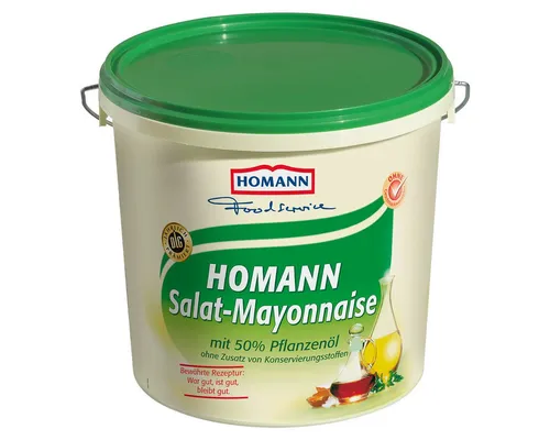 Homann Salat Mayonnaise fein cremig 10kg Eimer - Cremige Salatmayonnaise mit 50% Rapsöl, ideal für die Küche. Perfekt für Salate und Dips, sorgt für einen vollmundigen Geschmack.