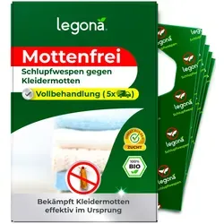 Legona® Schlupfwespen gegen Kleidermotten - Schädlingsbekämpfung mit 5 frischen Lieferungen für 15 Wochen. Effektiv und sicher ohne Giftstoffe - ideal für Haushalte mit Kindern und Tieren!