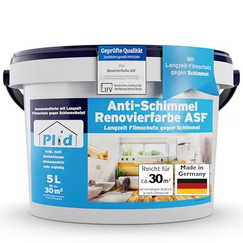 Plid® Anti Schimmel Renovierfarbe Innen Weiß 5L - Effektiver Schutz für alle Wände - Farben: Schützt effektiv vor Schimmel in feuchten Räumen wie Bad und Küche – ideal für ein gesundes Raumklima und schnelle Renovierungen.