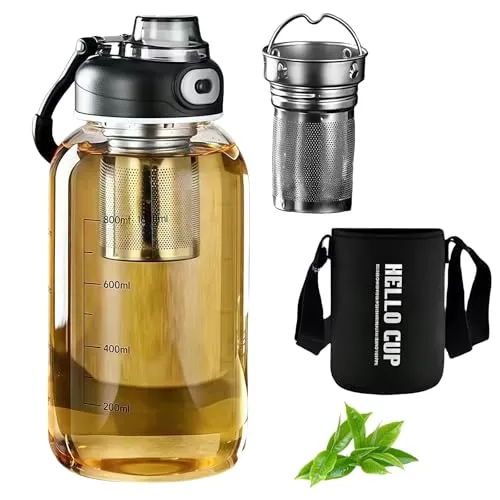 LEKEFETO Trinkflasche Glas 1.0L mit Teesieb – Auslaufsichere Glas Wasserflasche, Wasserflasche Trinkflasche 1000ml – Borosilikatflasche für Tee, Büro, Schule, Sport