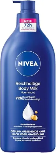 NIVEA Reichhaltige Body Milk 625 ml - Körperlotion für trockene Haut mit purem Hyaluron und Mandelöl, bietet 72h Feuchtigkeit und zieht schnell ein für geschmeidige Haut.
