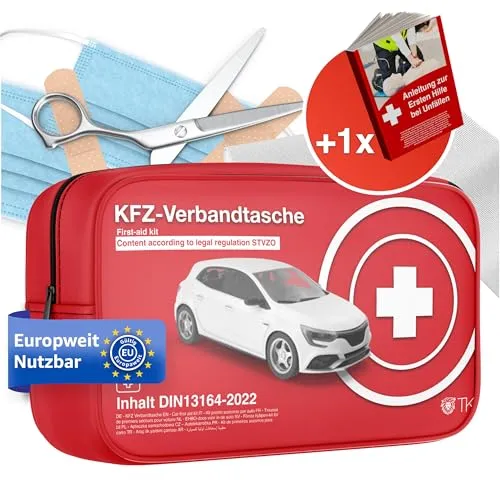 Verbandstasche KFZ mit Beatmungstüchern - DIN 13164 konform - Verbandskasten für Autos nach aktueller Norm 2026, inklusive lebensrettender Anleitung und zwei Mundschutzmasken für optimalen Schutz im Notfall.