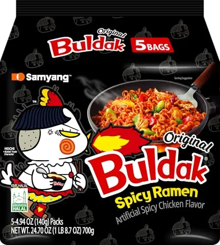 Samyang Buldak Koreanische würzige Hühnchen-Stir-Fried-Ramen Originalgeschmack Scharfe Nudeln Authentische Koreanische Ramyun 140 g (5er-Pack)