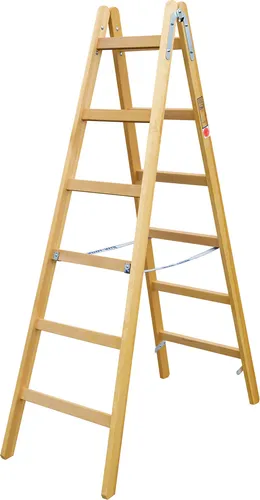 Iller Holz Stehleiter Classic mit Eimerhaken 2x6 Sprossen - Robuste Holzstehleiter mit Eimerhaken, ideal für Handwerker. Beidseitig begehbar und konisch geformt für mehr Stabilität.