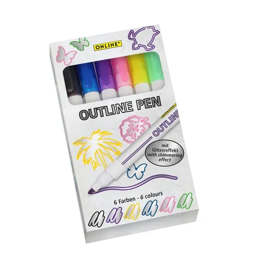 ONLINE Outline Pen silber mit farbigem Rand Glitzereffekt, 6er Set