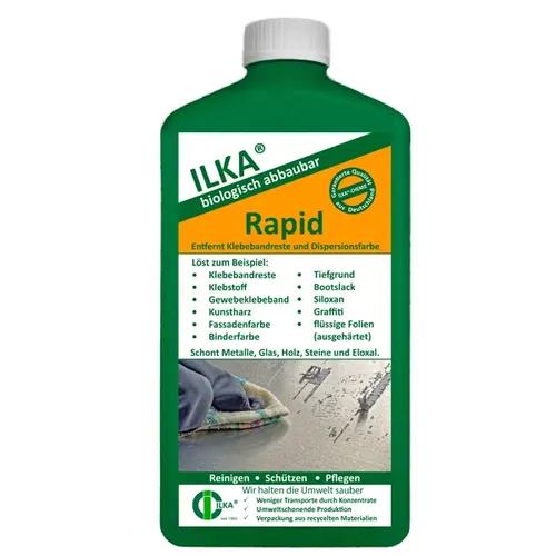 Graffitientferner ILKA Rapid 1 L - Effektiver Klebeband- und Kunstharzlöser - Biologisch abbaubarer Graffitientferner, der sicher auf Metallen, Glas und Holz wirkt. Ideal für die Entfernung von Klebeband, Kunstharz und Graffiti ohne Beschädigung der Oberflächen.