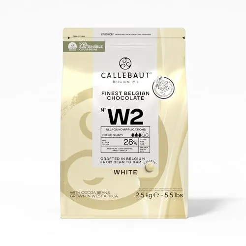 Callebaut W2 Weiße Kuvertüre, 2,5 kg - Kochschokolade mit cremigem Karamellgeschmack, leicht schmelzenden Callets und glatter Textur - ideal für Desserts und Pralinen.