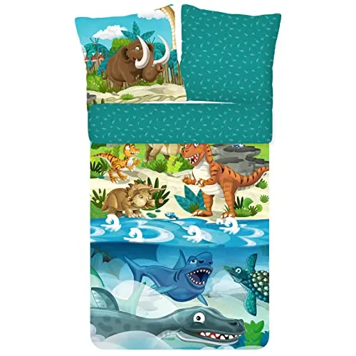 ESPiCO Kinderbettwäsche Urzeit Trendy Bedding - Bettwäsche-Set mit T-Rex und Mammut-Motiven, aus 100% Baumwolle für optimalen Schlafkomfort und ideale Atmungsaktivität – perfekt für kleine Dinosaurier-Fans!