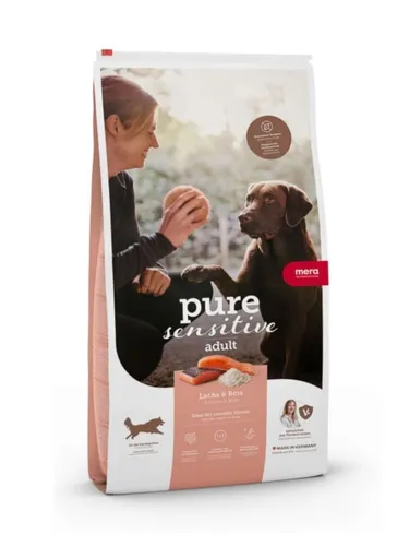 MERA® Trockenfutter pure sensitive Adult - Lachs & Reis - Hundefutter für ernährungssensible Hunde, getreidefrei und mit Lachs als einziger Proteinquelle. Enthält wertvolles Colostrum zur Stärkung des Immunsystems und sorgt für eine gesunde Haut und glänzendes Fell.