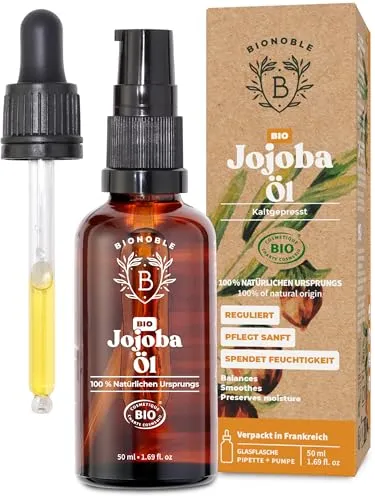 BIONOBLE Jojobaöl Bio Kaltgepresst 100% Rein - Reguliert Sebum, Pflegt Sanft, Anti-Pickel - Jojobaöl Haare, Gesicht, Körper, Nägel - Hexanfrei, Vegan Jojoba Oil - Glasflasche, Pipette, Pumpe - 50ml