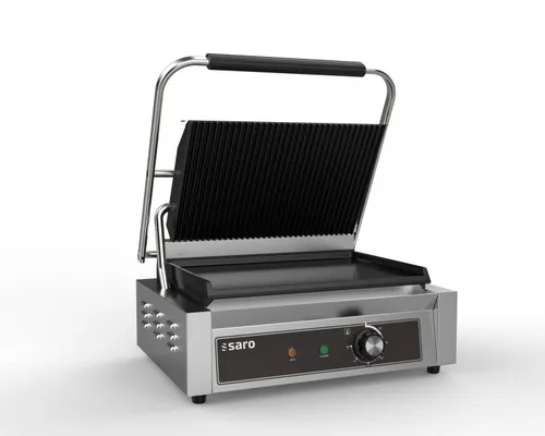 SARO Kontaktgrill Modell PG 1 BGG 443-10051 - Großküchentechnik mit robustem Edelstahlgehäuse, vielseitiger Gusseisen-Grillplatte und Temperatur von bis zu 300 °C für perfekte Grillergebnisse.