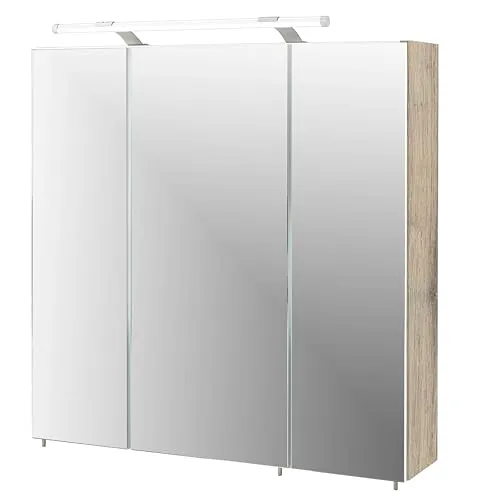 Schildmeyer Spiegelschrank Trient 133075 - Spiegelschrank fürs Bad, 70 x 75 x 16 cm, mit 3 Türen, 6 höhenverstellbaren Glaseinlegeböden und integrierter LED-Beleuchtung für perfekten Rundumblick.