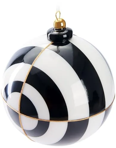 BRUBAKER Premium Weihnachtskugel mit Kreis Muster - Schwarz/Weiß und Gold - 10 cm Baumkugel aus Glas mit Porzellan Topper - Hergestellt in Handarbeit - Christbaumschmuck Christbaumkugel