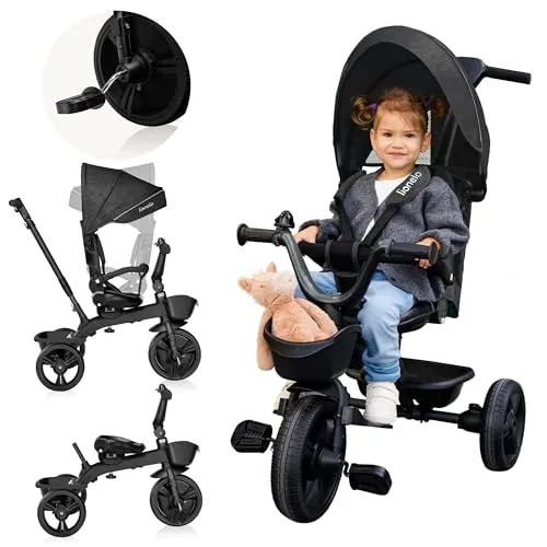 Lionelo Kori Dreirad mit Schubstange für Kinder - Dreirad in Blue Navy, ideal für Kinder von 1,5 bis 5 Jahren, bietet Sicherheit und Unterstützung durch die Schubstange.