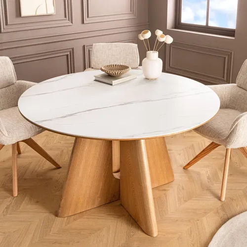 riess-ambiente Runder Esstisch ORGANIKO 120cm - Weiß - Eleganter runder Esstisch mit Ø 120 cm, pflegeleichte Keramikplatte im Marmor-Design, ideal für bis zu 4 Personen. Perfekt für moderne Wohnkonzepte.