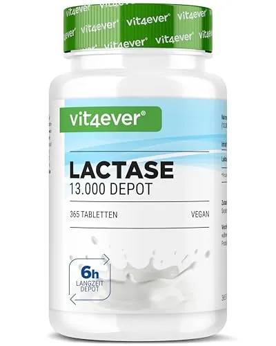 vit4ever Laktase 13.000 Depot - 365 Tabletten mit Depotwirkung (Sepismart® Slow Release) - Hochdosiert mit 13.000 FCC-Einheiten - Bei Laktoseintoleranz + Milchunverträglichkeit - Vegan