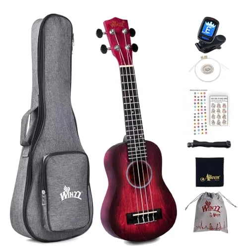 Winzz 21" Sopran Ukulele Anfänger Set Kinderm Erwachsene, Einzigartiges Farbdesign, mit Tasche, Stimmgerät, Zusätzlichen Saiten, Gurt, Noten-Aufkleber, Poliertuch- Rot