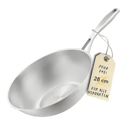 SILBERTHAL Wokpfanne Unbeschichtet Induktion 28 cm - Wokpfanne für alle Herdarten, ideal zum Frittieren und Braten. Backofenfest bis 400°C und mit hervorragender Hitzeverteilung für perfekte asiatische Gerichte.
