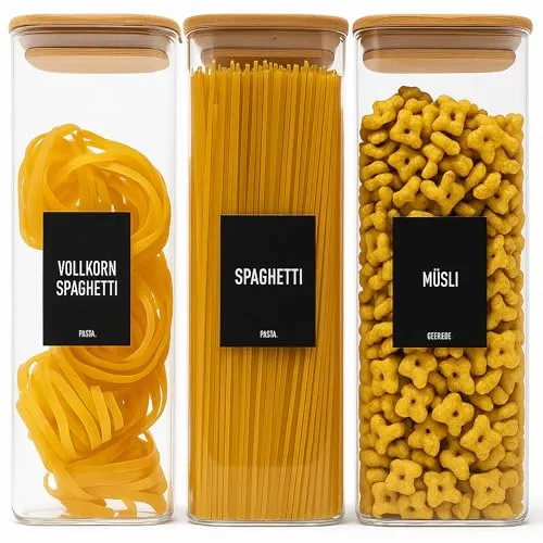 Deco haus® Spaghetti Aufbewahrung 3er Set Eckig - Vorratsgläser mit Deckel + Etiketten [LUFTDICHT] - Für Müsli, Cornflakes, Nudeln, Mehl - Vorratsdosen Glas mit Deckel - Aufbewahrungsglas 3x2300ml