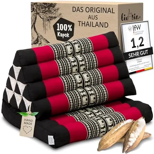 livasia Thaikissen mit 1 Auflage - 75x50x8cm - Faltbares Dreieckskissen mit Kapok - Entspanne stilvoll mit dem livasia Thaikissen! Ideal für Yoga, Meditation oder einfach zum Relaxen. Handgefertigt, platzsparend und mit nachhaltiger Kapokfüllung – für ein gemütliches Zuhause.