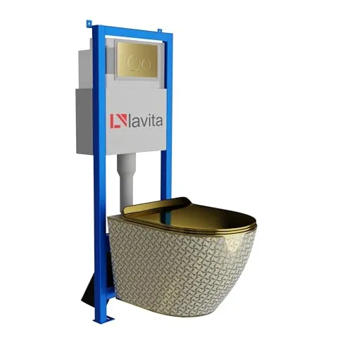 Lavita LAV 101 Vorwandelement für WC 40cm + Wand Hänge Tiefspül WC SOFI SLIM GOLDEN NEVER DIE Spülrandlos + Bedienplatte LAV 200.4.5 Gold | Komplettset | Unterputz Spülkasten | Toilette Komplett Sett