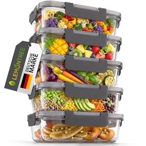 Lemontree Vorratsdosen 5er Set - Luftdicht und Auslaufsicher - Vorratsdosen-Sets: Ideal für Meal Prep und Aufbewahrung, aus robustem Glas, mikrowellen- und spülmaschinengeeignet, stapelbar für platzsparende Organisation.