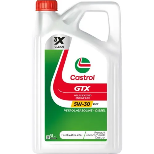 Motoröl CASTROL GTX 5W30 RN17 5L - Hochleistungsöl für Renault - Motoröle, bietet hervorragenden Schutz und Leistung für Renault-Fahrzeuge, erfüllt die ACEA C3-Spezifikation und sorgt für eine effiziente Motorleistung.