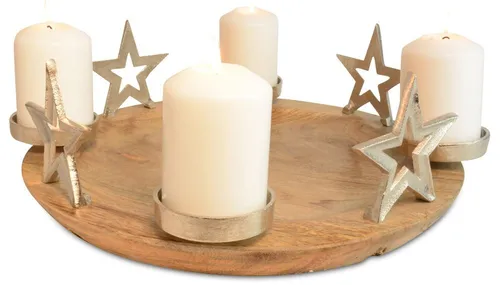 RIFFELMACHER & WEINBERGER Adventskranz Kerzenhalter "Runder Teller mit Sternen" 70338 - Adventskranz aus Mangoholz mit 4 silbernen Metall-Sternen, ideal für festliche Stimmung und vielseitig gestaltbar.