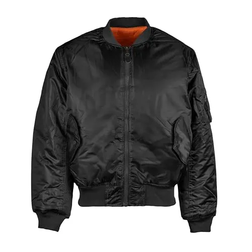 Mil-Tec PES Bomberjacke MA1 schwarz - M - Funktionsjacke im klassischen MA1 Stil, wendbar mit orangefarbenem Innenstoff, bietet Platz für Essentials dank praktischer Taschen und ist ideal für modische Outfits.