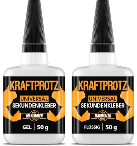 2× 50 g Sekundenkleber Set – Flüssig & Gel – KRAFTPROTZ Superkleber extra stark, wasserfest & hitzebeständig – Anti-Austrocknungs-Spitze – Für Kunststoff, Glas, Metall, Holz, Gummi, Stein & mehr