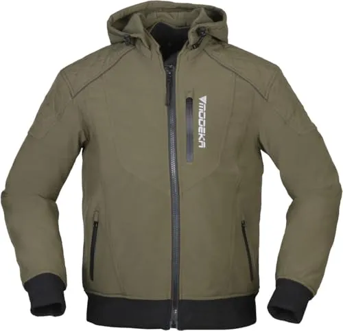 Modeka CLARKE Hoodie Softshell Jacke - Olive, Gr. M - Motorradjacke im Blouson-Stil mit abnehmbarer Kapuze und CE-zertifizierten Protektoren, ideal für Sicherheit und Stil auf der Straße.