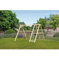 Doppelschaukel Schaukelgerüst mit Klettergerüst - Schaukelgerüste für Kinder, inklusive Klettergerüst und Netzrampe, ideal für aktive Spielstunden im Garten und fördert die motorischen Fähigkeiten.