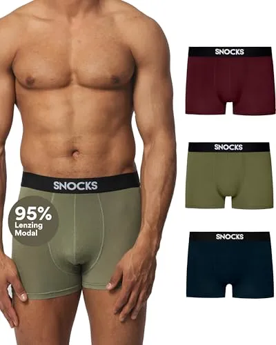Snocks Premium Boxershorts Herren aus weichem Lenzing Modal (3er Pack) - Ultraleichte atmungsaktive Boxershorts. Unterwäsche Männer ohne Kratzenden Etiketten - Gr.L - Farbe Mix(Schwarz/Rot/Olivine)