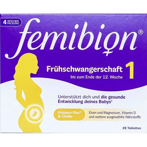 Femibion® 1 Frühschwangerschaft Nahrungsergänzung mit Folsäure - Optimale Nährstoffkombination für das erste Trimester der Schwangerschaft: Enthält 800 µg Folsäure Plus und wichtige Vitamine in nur einer Tablette täglich. Glutenfrei und laktosefrei.